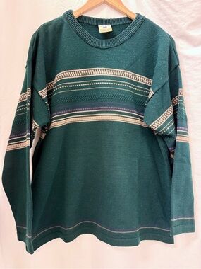County Seat Men's Dark Green Striped Crewneck Sweater